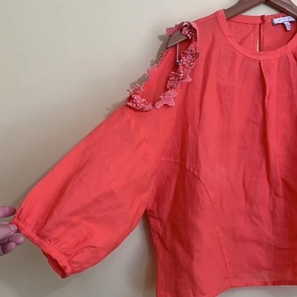 Eri & Ali | Jemima 100% Linen Coral Balloon Sleeve Cold Shoulder Floral Top S - Picture 7 of 17